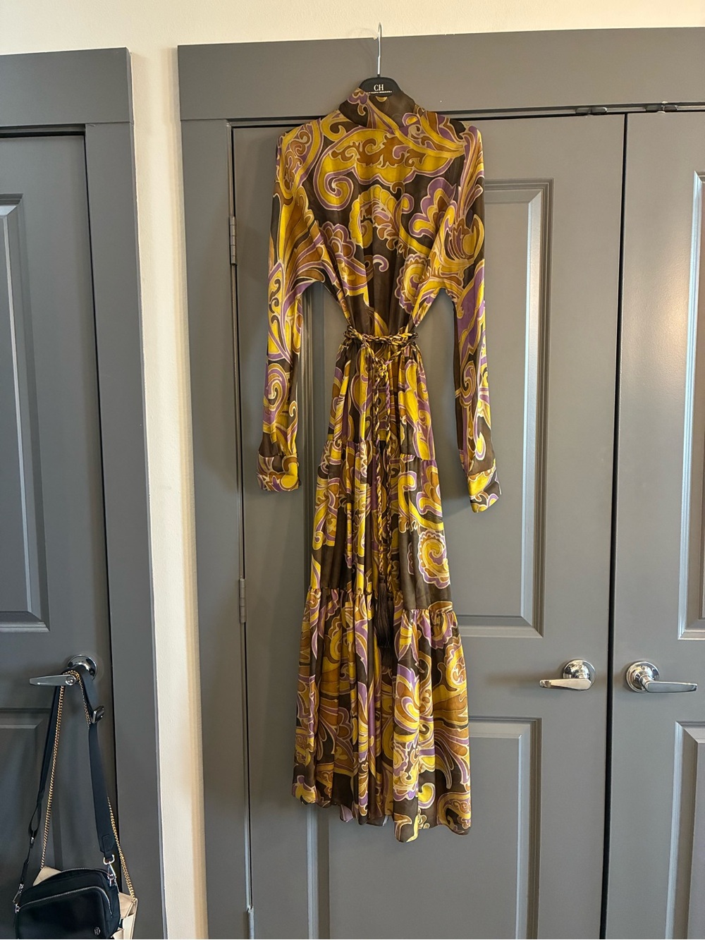 CH Carolina Herrera Long-Sleeve Paisley Maxi Dress in Mustard and Chocolate